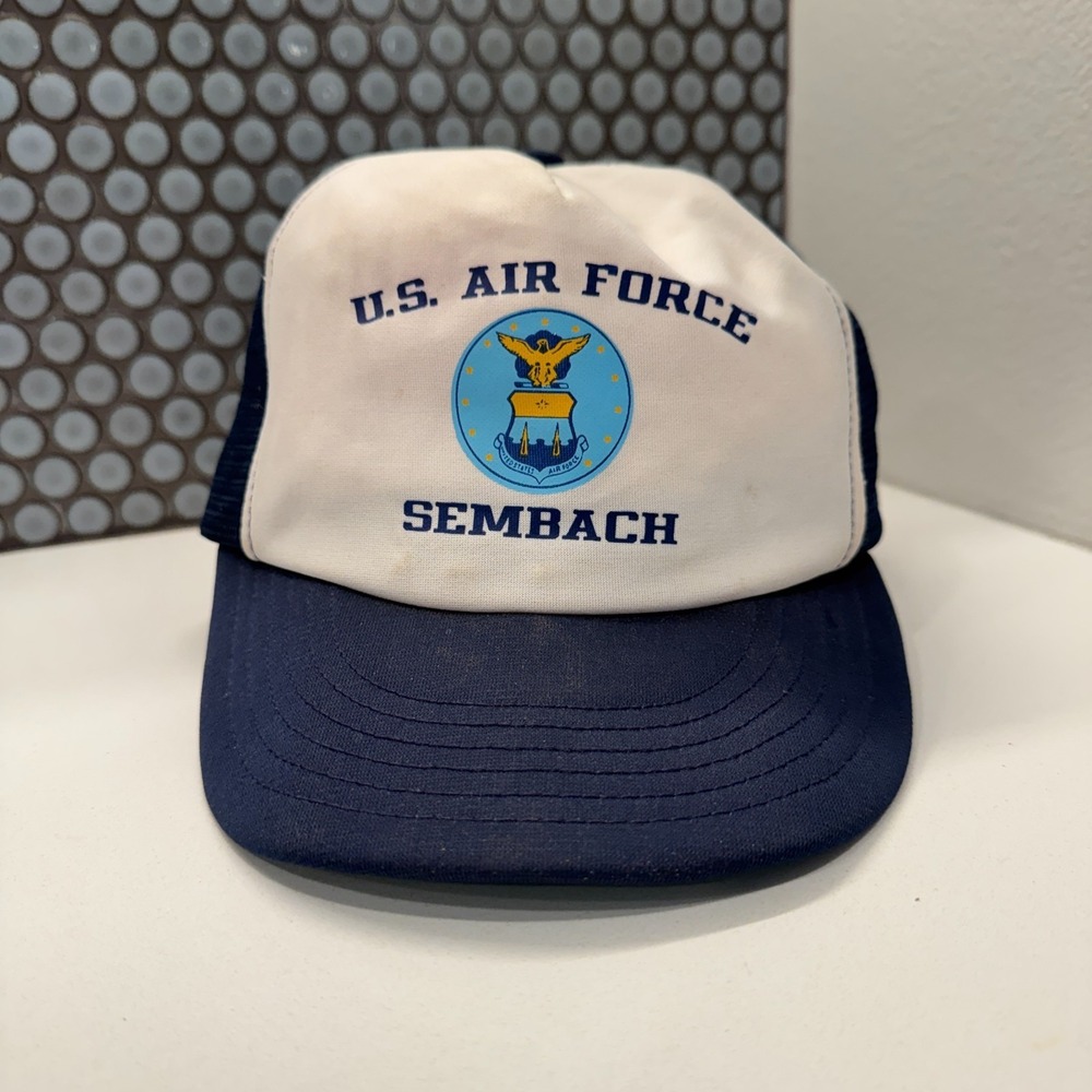 Vintage‎ U.S Air Force Sembach Hat Cap Trucker Mesh Back Snap Back Blue White